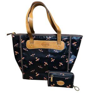 NEW FOSSIL KEYPER SHOPPER BLACK AIR PLANES  COATED CANVAS PURSE W/WALLET WOMEN'S